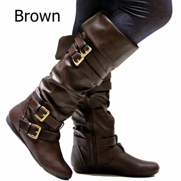 Shoes - New Brown Buckle Slouchy Knee High Riding Boots